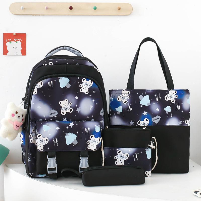 2024 Рюкзак из 4 предметов для школьников Легкий рюкзак для учащихся начальной школы, женский рюкзак большой вместимости, 43x30x14cm чёрный