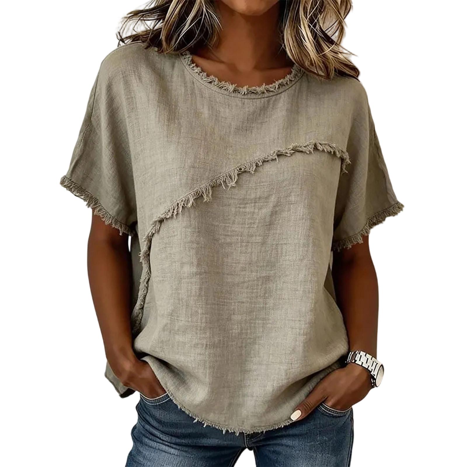 Casual Loose Fit Short Sleeve Round Neck Linen Top for Women with Asymmetrical Detailing L хаки
Casual Loose Fit Short Sleeve Round Neck Linen Top for Women with Asymmetrical Detailing L хаки