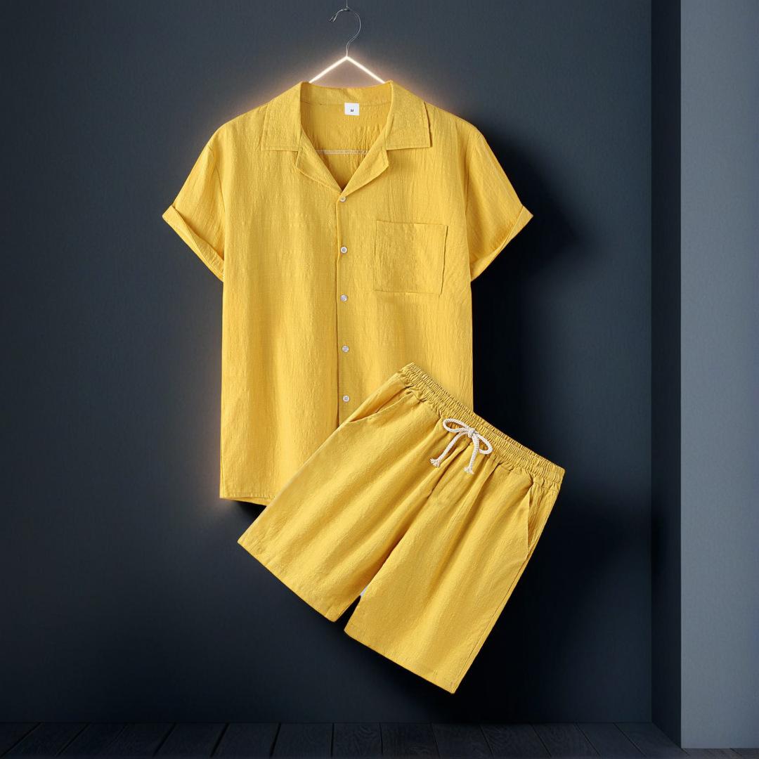 Мужской хлопковый однотонный гавайский модный костюм с рубашкой с коротким рукавом и воротником и шортами, комплект из двух предметов XXXL жёлтый
Мужской хлопковый однотонный гавайский модный костюм с рубашкой с коротким рукавом и воротником и шортами, комплект из двух предметов XXXL жёлтый