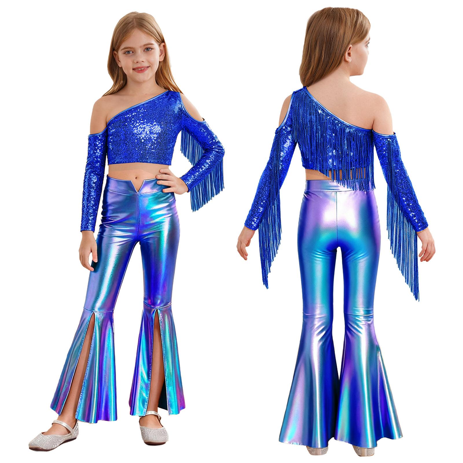 Костюм для виступу на конкурсі краси для дівчаток, топ-кроп на одне плече з довгим рукавом, паєтками та брюки-кльош з розрізом і бахромою 13-14 Years королівський синій колір
Костюм для виступу на конкурсі краси для дівчаток, топ-кроп на одне плече з довгим рукавом, паєтками та брюки-кльош з розрізом і бахромою 13-14 Years королівський синій колір