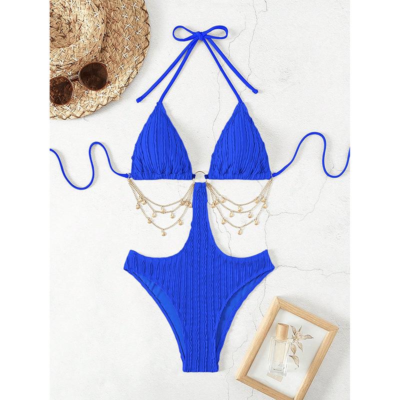 Купальник халтер с вырезами, цельный, с принтом, женский, сексуальный, для купания, плавания, купальный костюм, женская пляжная одежда M синий