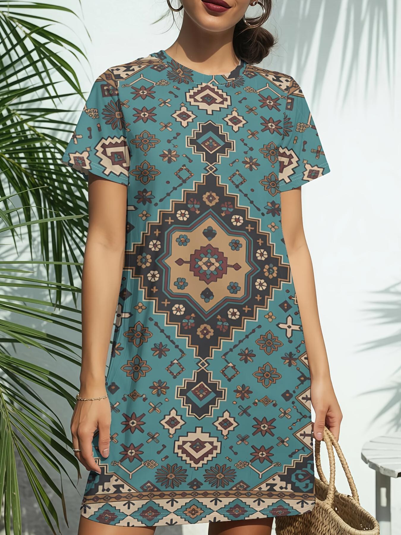 Turquoise Tribal RugNew Arrival Women s Round Neck Short-Sleeve T-shirt Dress.American Trendy Digital Print. Casual Versatile Style for Spring and Sum S дубильная кора
Turquoise Tribal RugNew Arrival Women s Round Neck Short-Sleeve T-shirt Dress.American Trendy Digital Print. Casual Versatile Style for Spring and Sum S дубильная кора