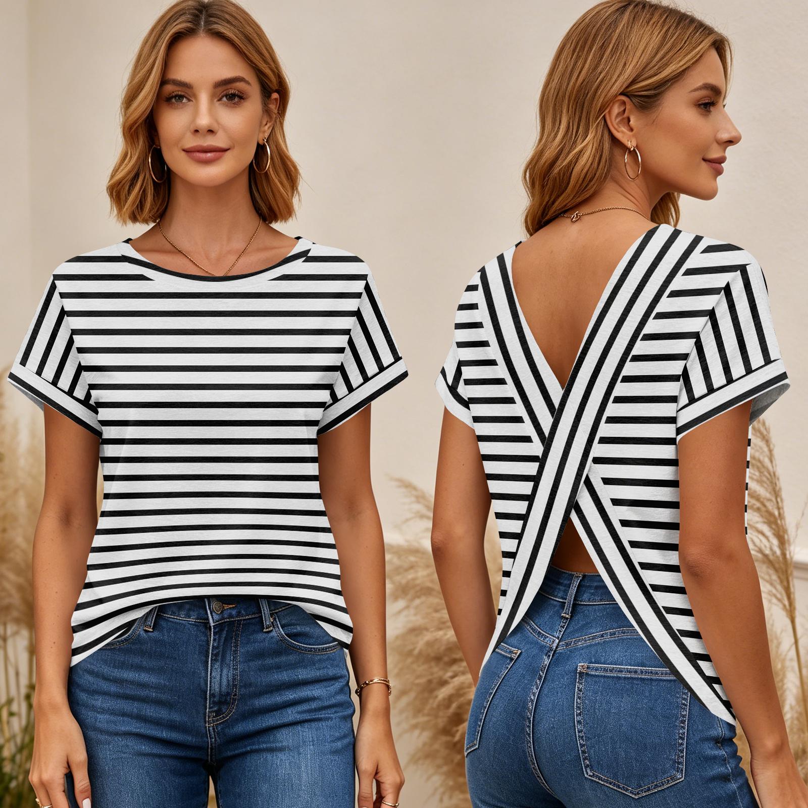 Women s Short Sleeve Striped Print Top Cross Back Open Back T Shirt Casual Summer Blouse Lightweight Breathable Fabric L чёрный
Women s Short Sleeve Striped Print Top Cross Back Open Back T Shirt Casual Summer Blouse Lightweight Breathable Fabric L чёрный