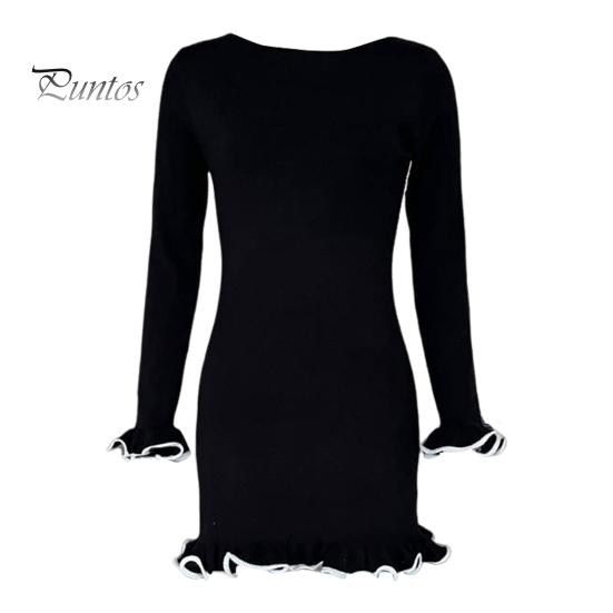 Осенне-весеннее женское платье с оборками по подолу и манжетами, облегающее, с длинными рукавами, однотонное трикотажное эластичное мини-платье для выпускного вечера S чёрный