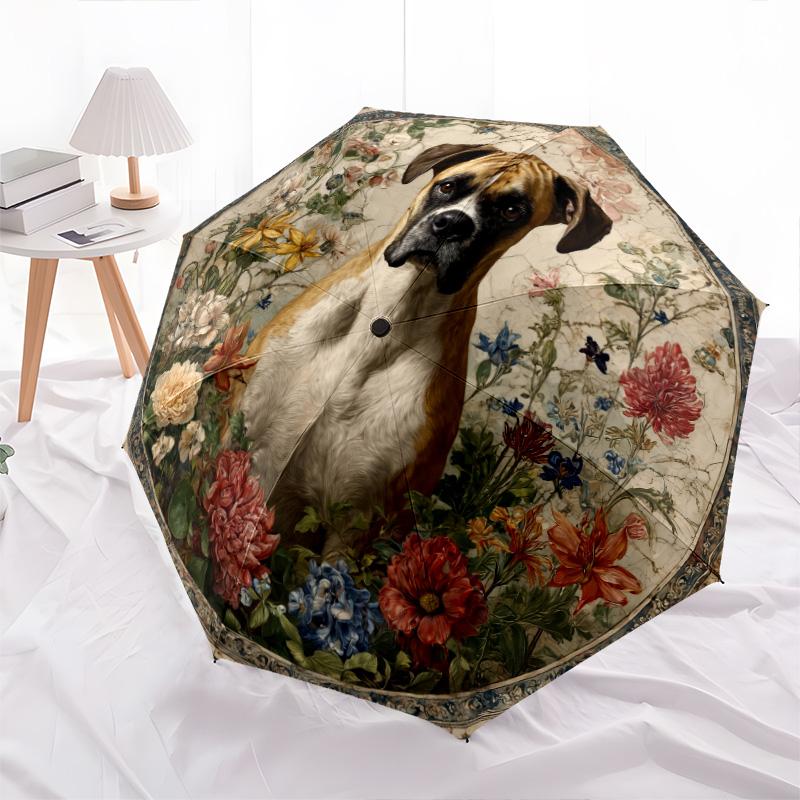 Vintage Flower Dog pattern, automatic folding umbrella, portable and foldable design, 8 ribs, a Christmas or birthday gift.
Vintage Flower Dog pattern, automatic folding umbrella, portable and foldable design, 8 ribs, a Christmas or birthday gift.