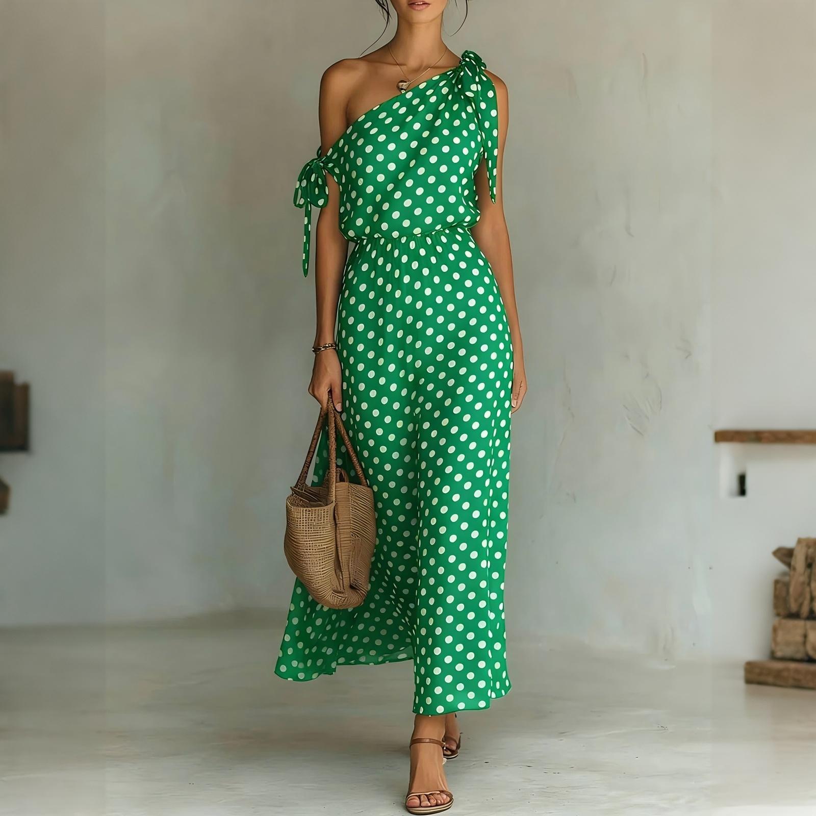 Women One Shoulder Sleeveless Casual Loose Fit Polka Dot Print Maxi Dress with Tie Detail and Elastic Waist for Summer M зелений
Women One Shoulder Sleeveless Casual Loose Fit Polka Dot Print Maxi Dress with Tie Detail and Elastic Waist for Summer M зелений