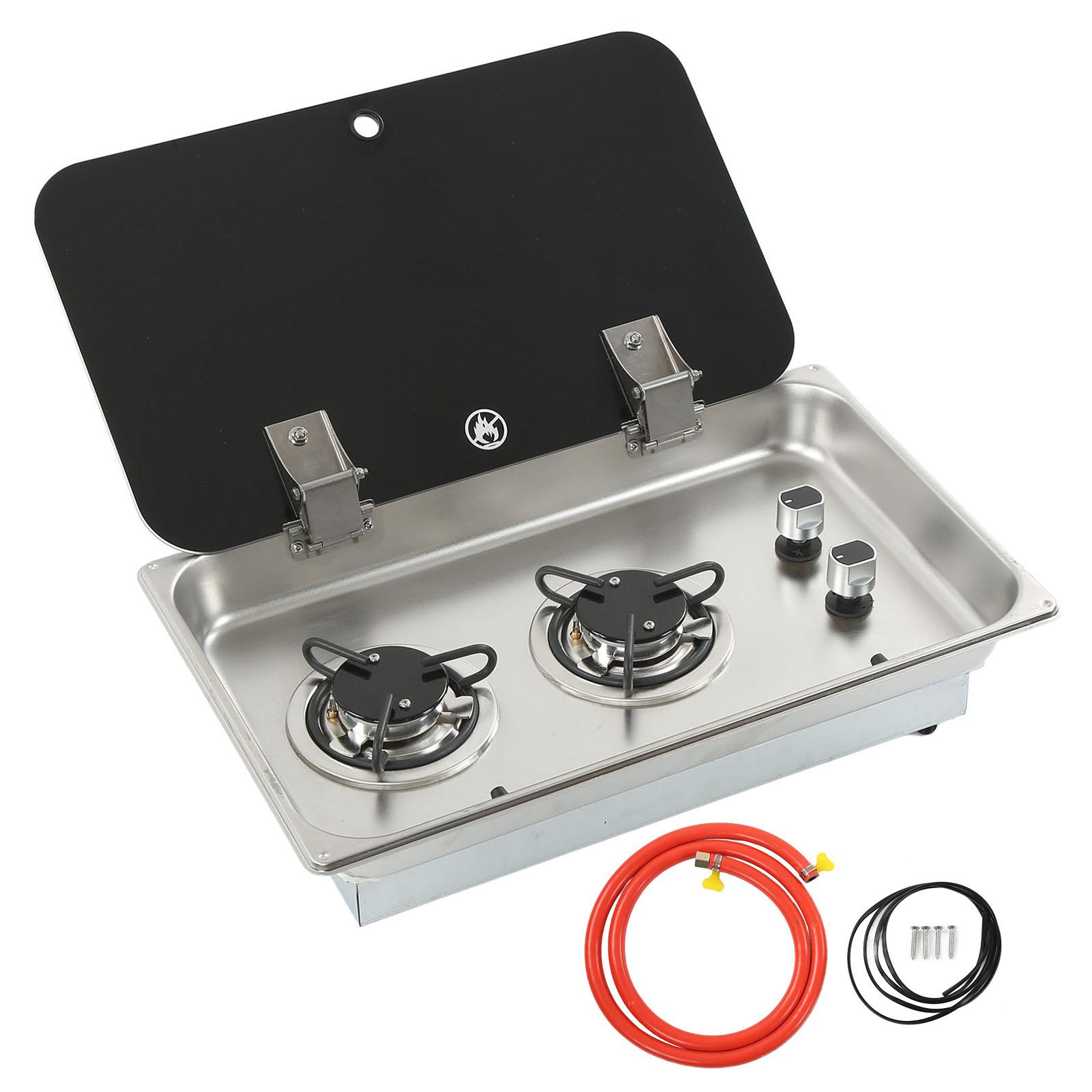 2-конфорочная газовая плита варочная панель нержавеющая сталь со стеклянной крышкой 1,6 м труба 1,8 кВт мощность для автодома каравана