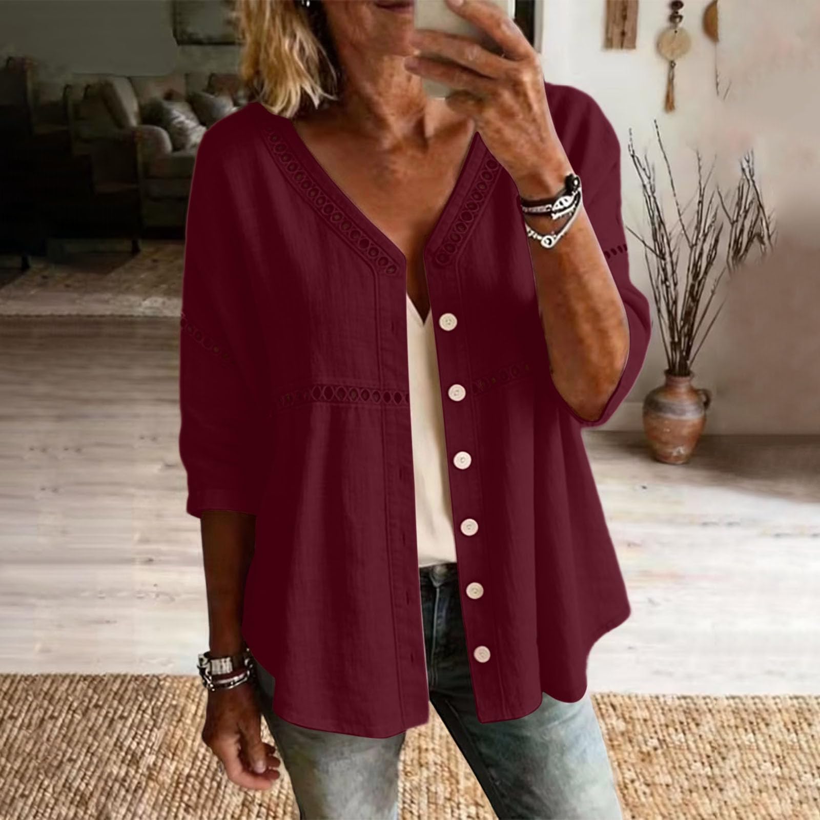 Women Button Down Linen Shirts 3/4 Sleeve V Neck Eyelet Blouses Casual Cotton Hollow Out Boho Tops XL винний
Women Button Down Linen Shirts 3/4 Sleeve V Neck Eyelet Blouses Casual Cotton Hollow Out Boho Tops XL винний