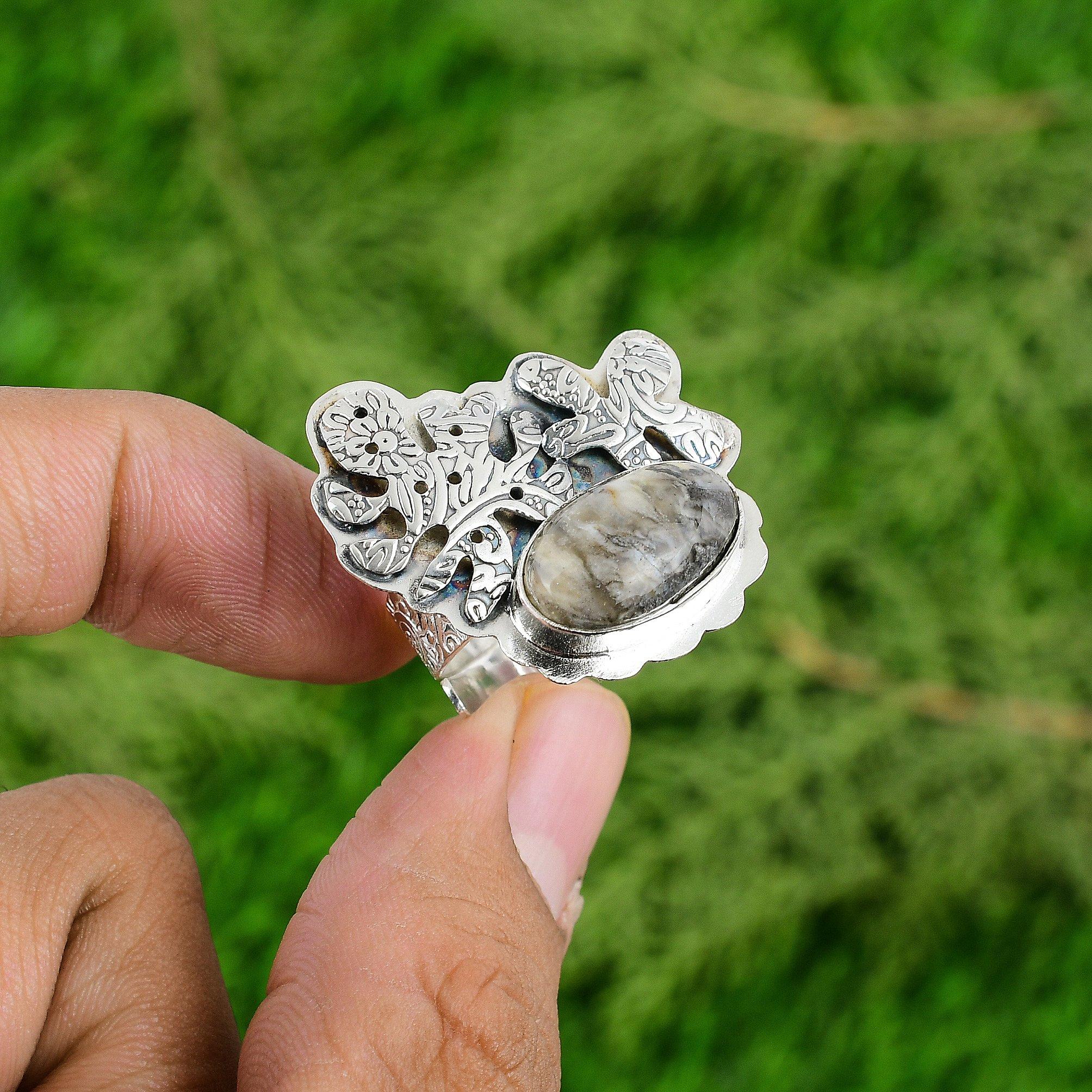 Натуральный агат с перьями Драгоценный камень Мульти камень Регулируемое кольцо Серебро 925 пробы для девочек Adjustable