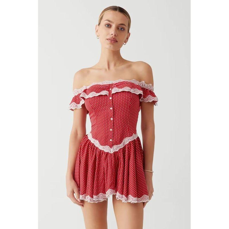 Frankies Bikini Summer Jenny Buddha Retro Red Polka Dot Lace Edge off-Shoulder Dress Skirt Red wave dot collar S
Frankies Bikini Summer Jenny Buddha Retro Red Polka Dot Lace Edge off-Shoulder Dress Skirt Red wave dot collar S