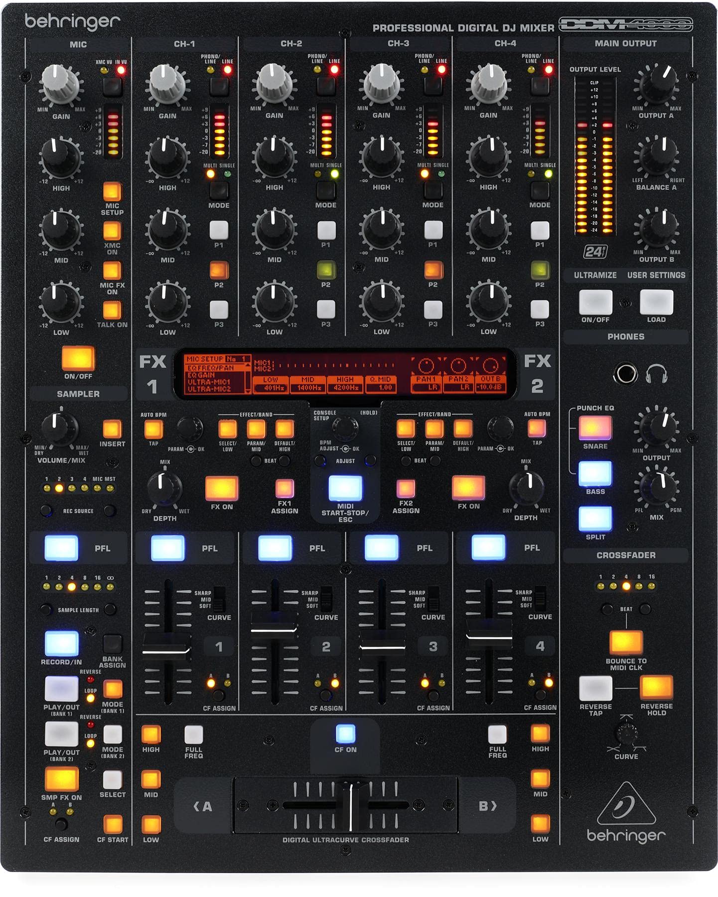 Behringer DJ Mixer 5ch BPM Оснащений 32-бітною обробкою 3-смуговий еквалайзер DDM4000 FX/автоматичний лічильник/семплер
Behringer DJ Mixer 5ch BPM Оснащений 32-бітною обробкою 3-смуговий еквалайзер DDM4000 FX/автоматичний лічильник/семплер
