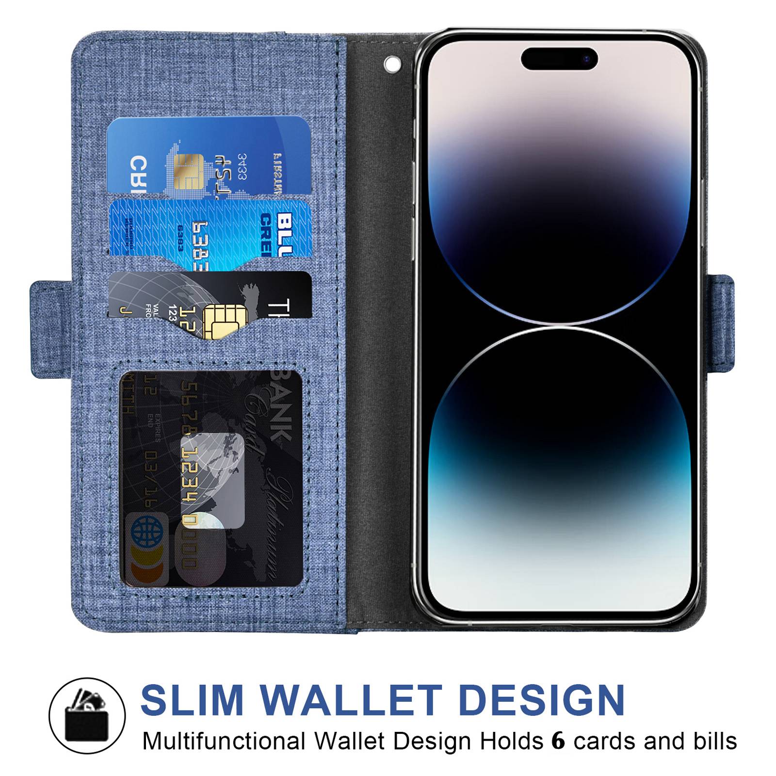 For iPhone 14 Pro Max Jeans Cloth Texture PU Leather Wallet Stand Cover Rotating Card Slot Phone Case Blue
For iPhone 14 Pro Max Jeans Cloth Texture PU Leather Wallet Stand Cover Rotating Card Slot Phone Case Blue