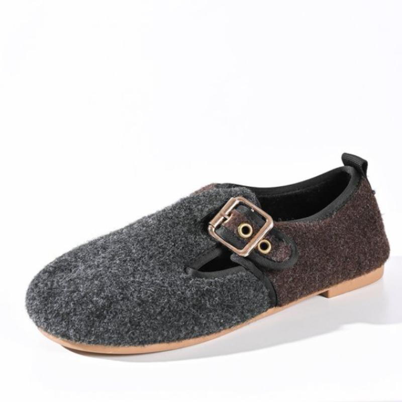 2024 Осень Зима Новые Туфли-лодочки с круглым носком, плоской пряжкой, из замши, на плоском каблуке, удобные, теплые, женские, одинарные, большого размера, Zapatos De Mujer 38 серый