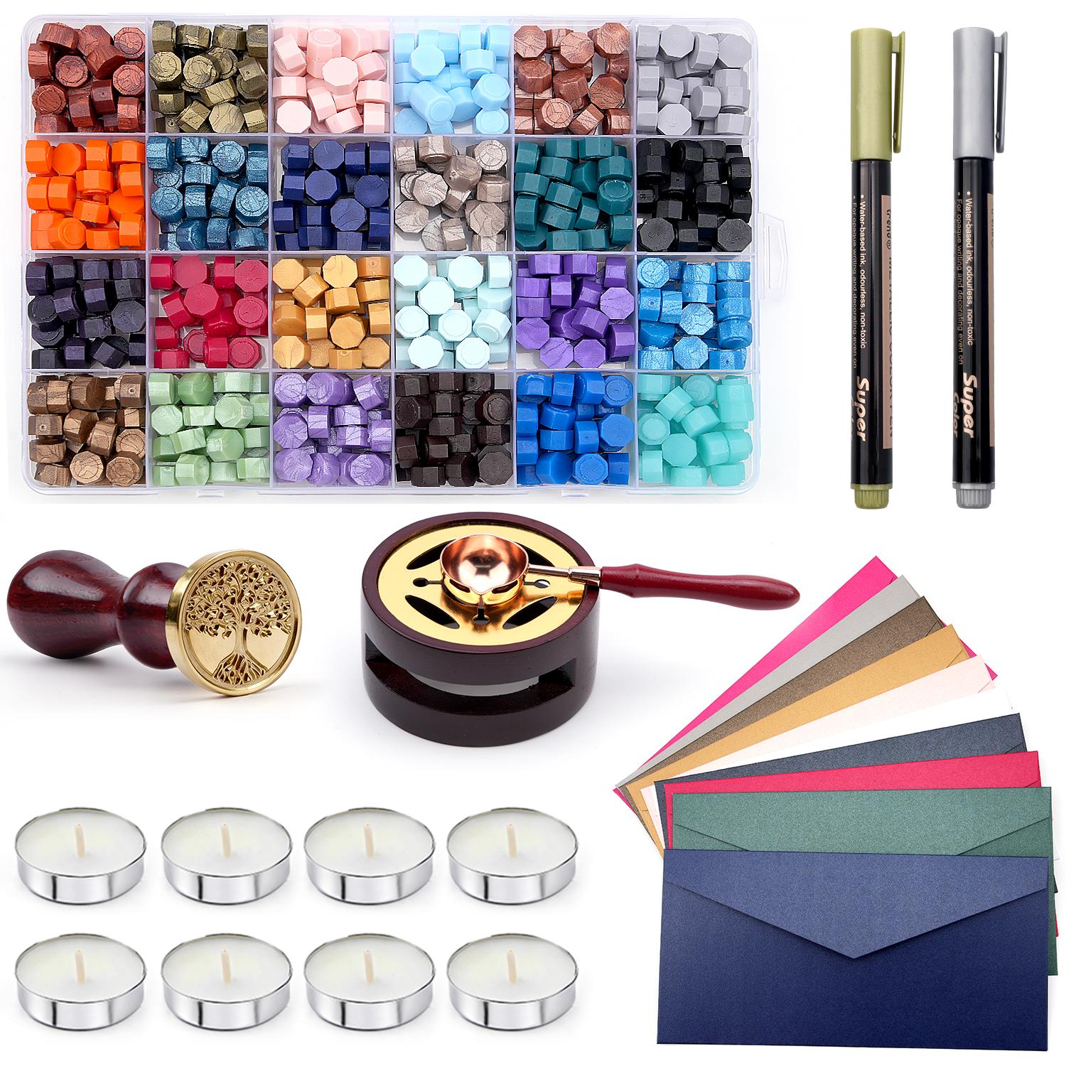 Wax Seal Kit with Stamp & 624 Sealing Wax Beads - 24 Colors with Wooden Melting Station, 2 Gold Pen, 10 Envelopes, 8 Tea Lights
Wax Seal Kit with Stamp & 624 Sealing Wax Beads - 24 Colors with Wooden Melting Station, 2 Gold Pen, 10 Envelopes, 8 Tea Lights