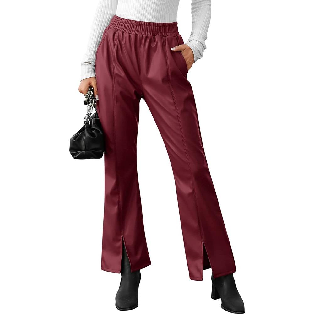 Attraco женские классические женские брюки из искусственной кожи, однотонные расклешенные брюки с высокой талией, уличная одежда с карманами XL красный