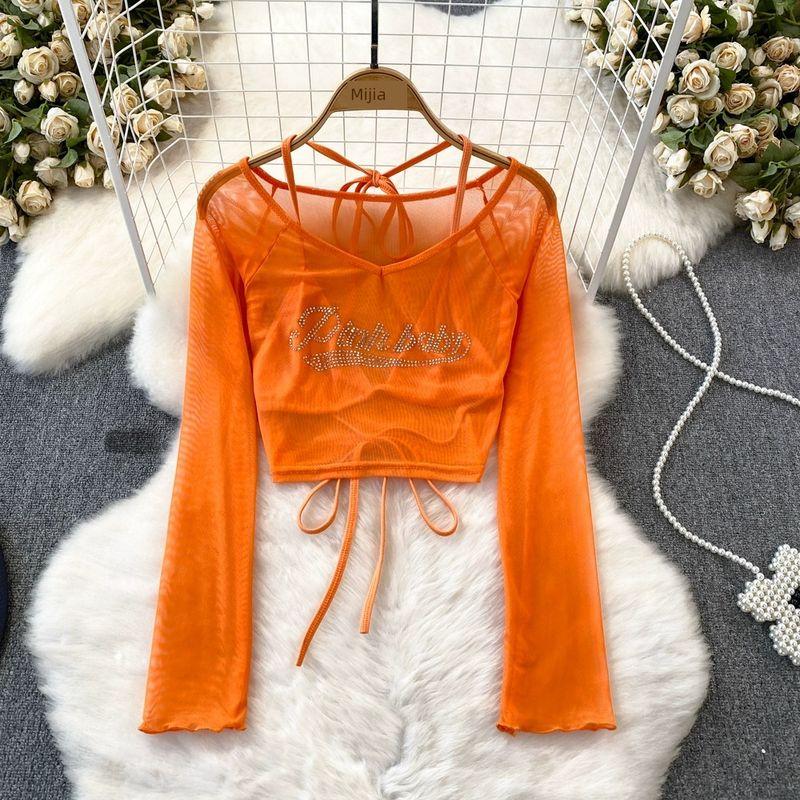 Длинные рукава V-образный вырез с бриллиантами Холтер Сетка Трендовый Имитация двух частей Orange One size
Длинные рукава V-образный вырез с бриллиантами Холтер Сетка Трендовый Имитация двух частей Orange One size