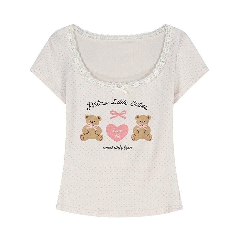 Bear Love Song Gentle Atmosphere Soft Lace Polka Dot Short Sleeve Sweet T-Shirt Women s Pure Desire Slim Skinny Top S
Bear Love Song Gentle Atmosphere Soft Lace Polka Dot Short Sleeve Sweet T-Shirt Women s Pure Desire Slim Skinny Top S