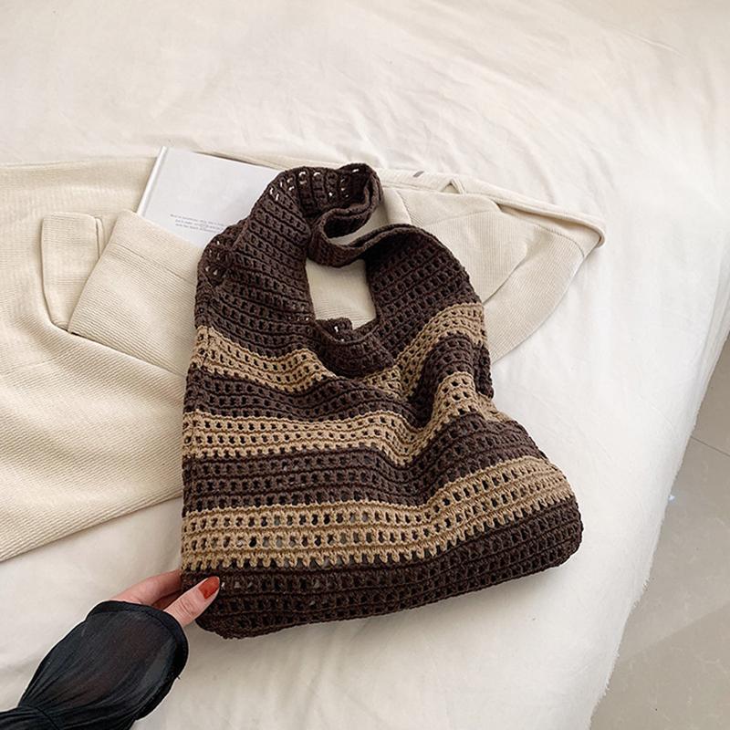Вязаные сумки через плечо для женщин, ажурная плетеная сумка для вязания крючком, сумки большой емкости для покупок 36x2x35cm хаки/кофейный