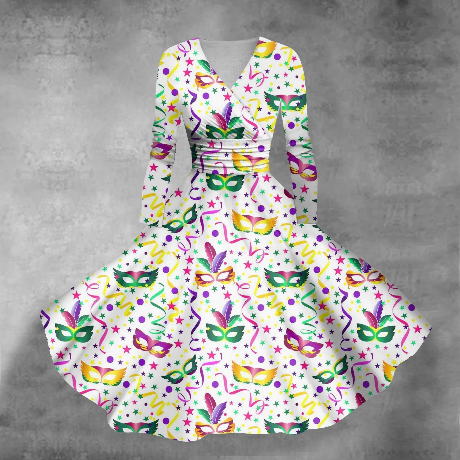Женское повседневное и модное сексуальное платье с длинными рукавами и v-образным вырезом с принтом, карнавальное платье Марди Гра XXXXL белый