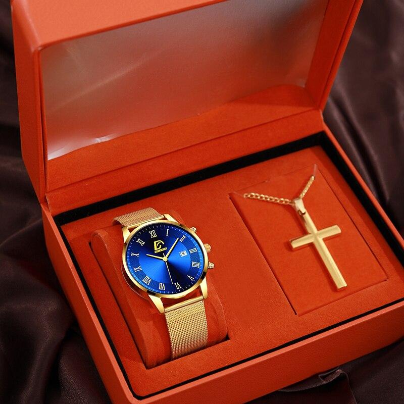 2PCS Set Fashion Mens Calendar Watches Luxury Men Business Golden Mesh Belt Quartz Watch Male Necklace Wristwatch
2PCS Set Fashion Mens Calendar Watches Luxury Men Business Golden Mesh Belt Quartz Watch Male Necklace Wristwatch