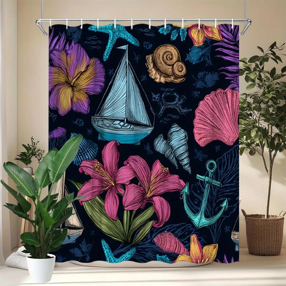 1Pc Nautical Floral Shower Curtain - Vibrant Watercolor Sailboats, Lilies, Seashells & Starfish Design On Navy Blue Background, W60H190(CM)-1 Pcs
1Pc Nautical Floral Shower Curtain - Vibrant Watercolor Sailboats, Lilies, Seashells & Starfish Design On Navy Blue Background, W60H190(CM)-1 Pcs