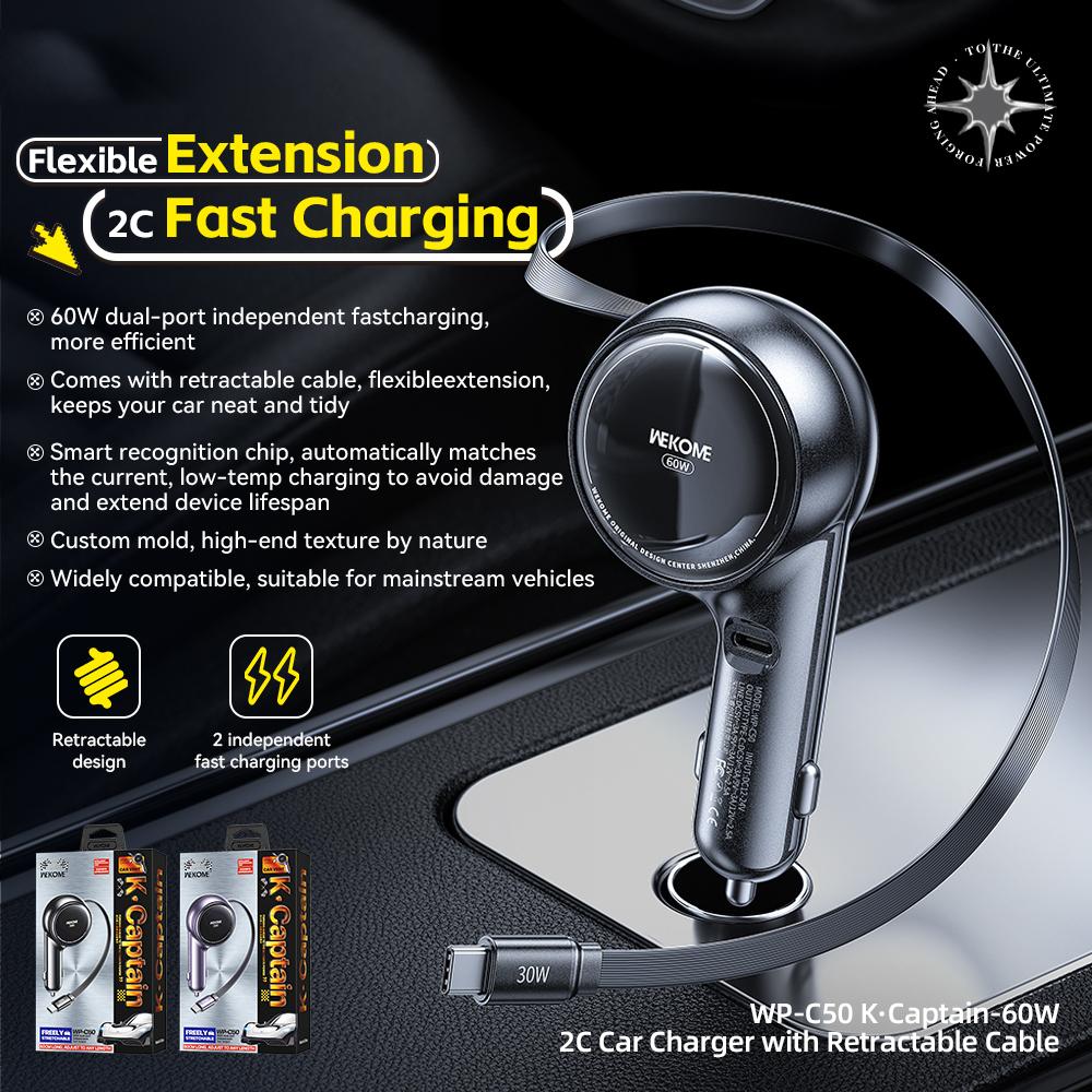 WEKOME WP-C50 Car Charger 60W Dual USB-C Port Fast Charging Adapter with 0.8m Retractable Cable Purple
WEKOME WP-C50 Car Charger 60W Dual USB-C Port Fast Charging Adapter with 0.8m Retractable Cable Purple