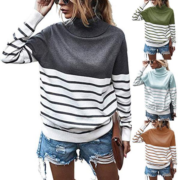 Женский вязаный свитер с высоким воротником и длинными рукавами в полоску в стиле пэчворк, пуловер с напуском, джемпер, топы 
Женский вязаный свитер с высоким воротником и длинными рукавами в полоску в стиле пэчворк, пуловер с напуском, джемпер, топы