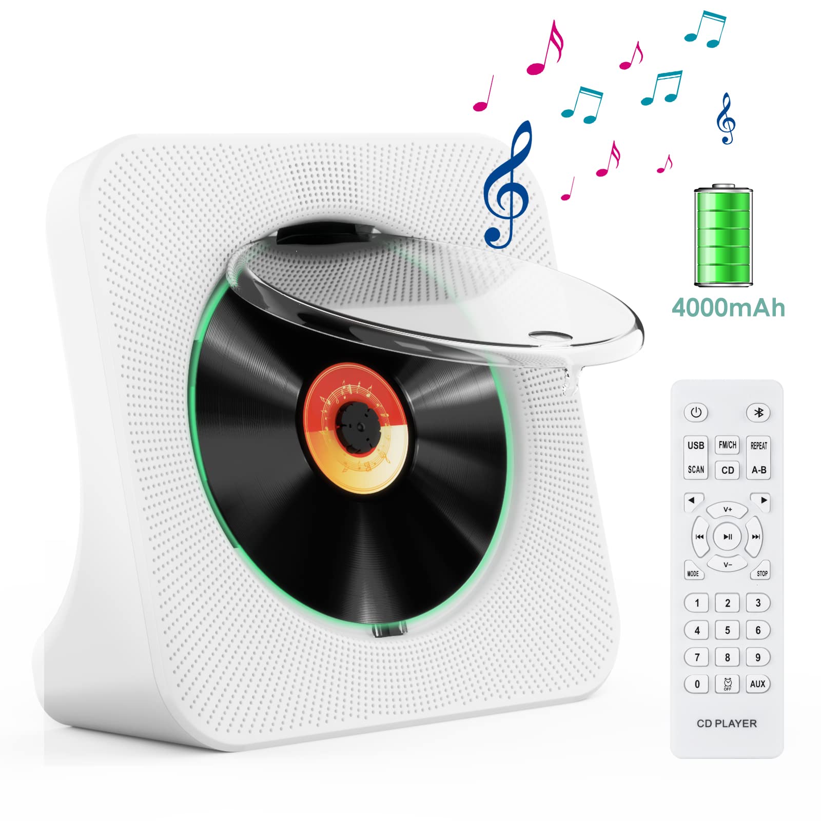 Gueray CD player Bluetooth 4000mah rechargeable battery speaker Desk CD player USB playback AUX output support FM radio function CD boombox repeat білий
Gueray CD player Bluetooth 4000mah rechargeable battery speaker Desk CD player USB playback AUX output support FM radio function CD boombox repeat білий