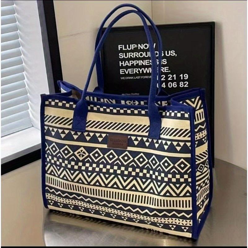 Винтажная холщовая сумка-тоут в этническом стиле, большой вместимости, модная минималистичная на плечо и в руку, с геометрическим узором, сумка на плечо синий