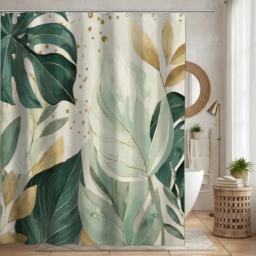 Shower Curtain With Green And Gold Tropical Leaf Pattern, Polyester Fabric, Machine Washable, With Hooks, Bathroom Decoration. W60H190(CM)-1 Pcs
Shower Curtain With Green And Gold Tropical Leaf Pattern, Polyester Fabric, Machine Washable, With Hooks, Bathroom Decoration. W60H190(CM)-1 Pcs
