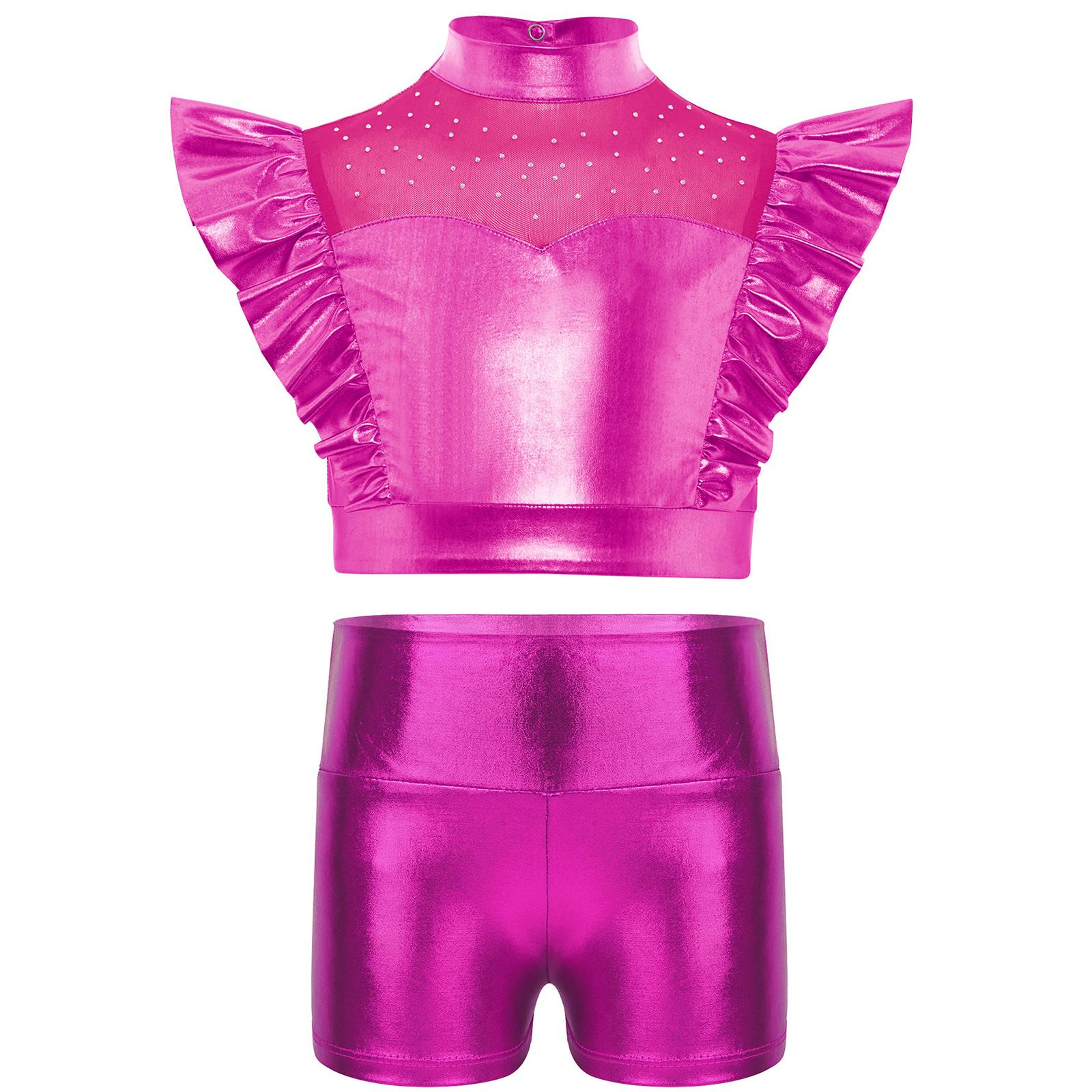 Kids Sparkly Rhinestone Dance Outfit Mock Neck Sleeveless Metallic Ruffle Top and Matching Shiny Shorts for Jazz Competition 5-6 Years горячий розовый
Kids Sparkly Rhinestone Dance Outfit Mock Neck Sleeveless Metallic Ruffle Top and Matching Shiny Shorts for Jazz Competition 5-6 Years горячий розовый