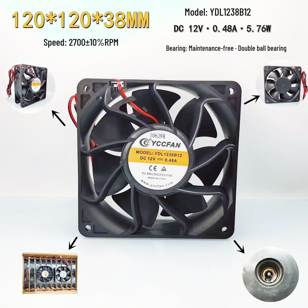 YDL1238B12 12CM Dual Ball 12038 Chassis 12V 0.48A Cooling Fan 2.54 terminal plug, 1-meter wire
YDL1238B12 12CM Dual Ball 12038 Chassis 12V 0.48A Cooling Fan 2.54 terminal plug, 1-meter wire