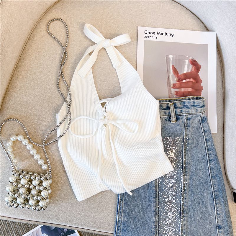 Fashion Sexy Wind Knitting Halter Spaghetti Straps Female Summer Niche Style V-neck Lace-up Beauty Back Vest Short Outer Wear Tops White All yards
Fashion Sexy Wind Knitting Halter Spaghetti Straps Female Summer Niche Style V-neck Lace-up Beauty Back Vest Short Outer Wear Tops White All yards