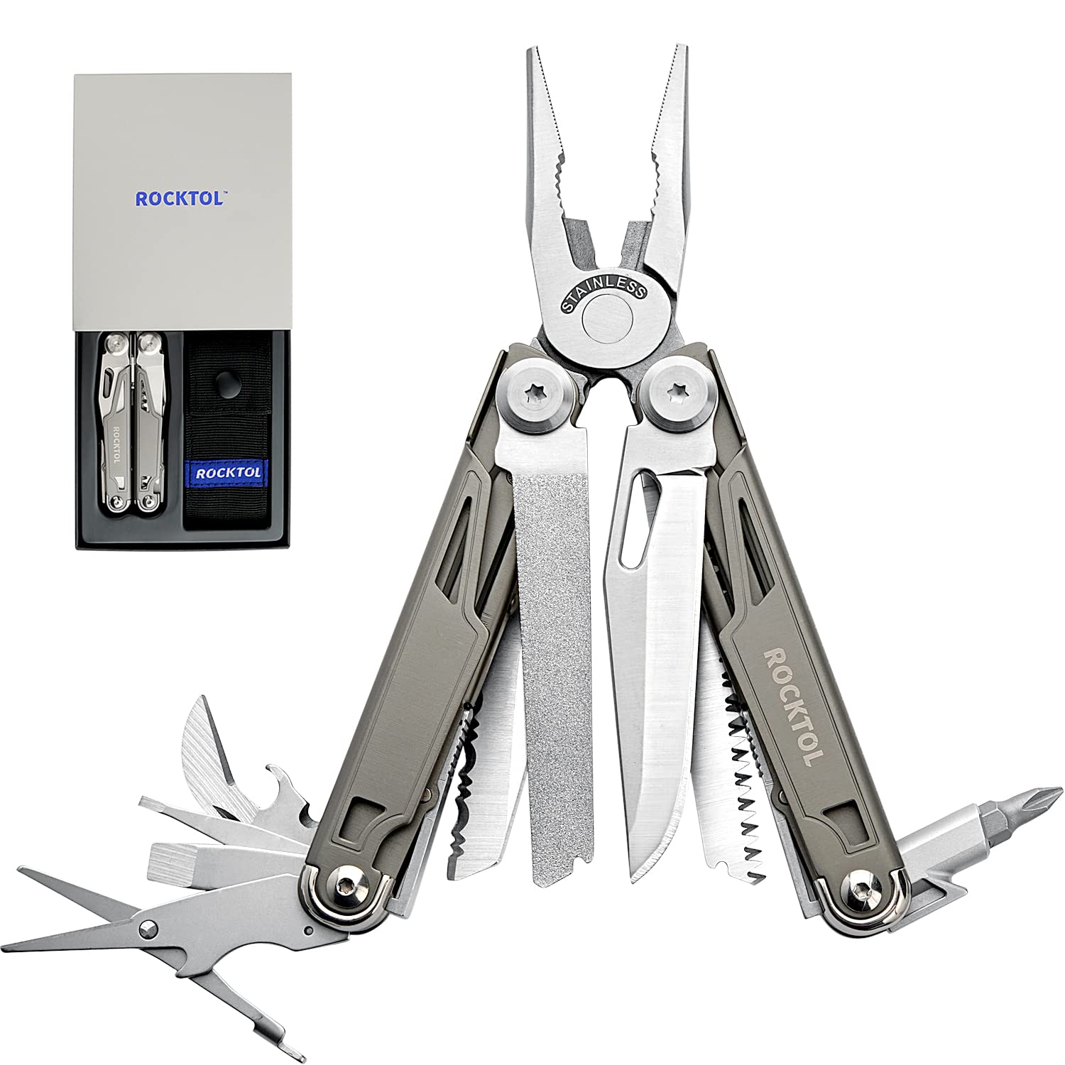 ROCKTOL Multi-Tool 19-in-1 Multi-Tool Pliers Titanium Plated Handle Safety Lock Lightweight EDC Tool with Nylon Sheath Gift for Men Outdoor Survival
ROCKTOL Multi-Tool 19-in-1 Multi-Tool Pliers Titanium Plated Handle Safety Lock Lightweight EDC Tool with Nylon Sheath Gift for Men Outdoor Survival