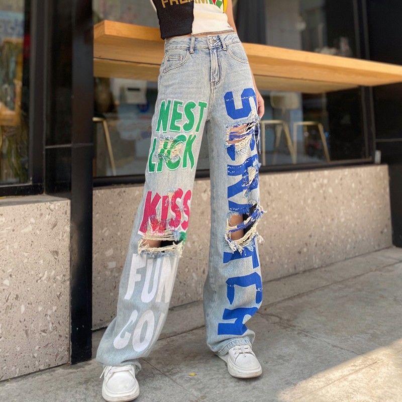 Graffiti Letter Print Ripped Hole Ripped Hole Jeans Pant Loose Straight Denim Pants y2k Women Jean Trouser
Graffiti Letter Print Ripped Hole Ripped Hole Jeans Pant Loose Straight Denim Pants y2k Women Jean Trouser
