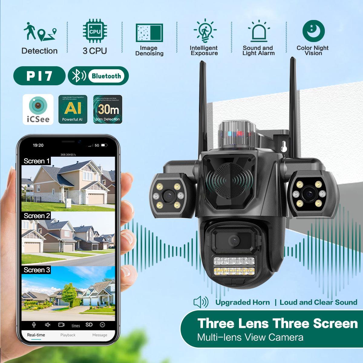 360° Triple-Lens Wireless WiFi Outdoor AI Camera with Sound/Light Alarm & Waterproof Design Bulk Custom SKU
360° Triple-Lens Wireless WiFi Outdoor AI Camera with Sound/Light Alarm & Waterproof Design Bulk Custom SKU