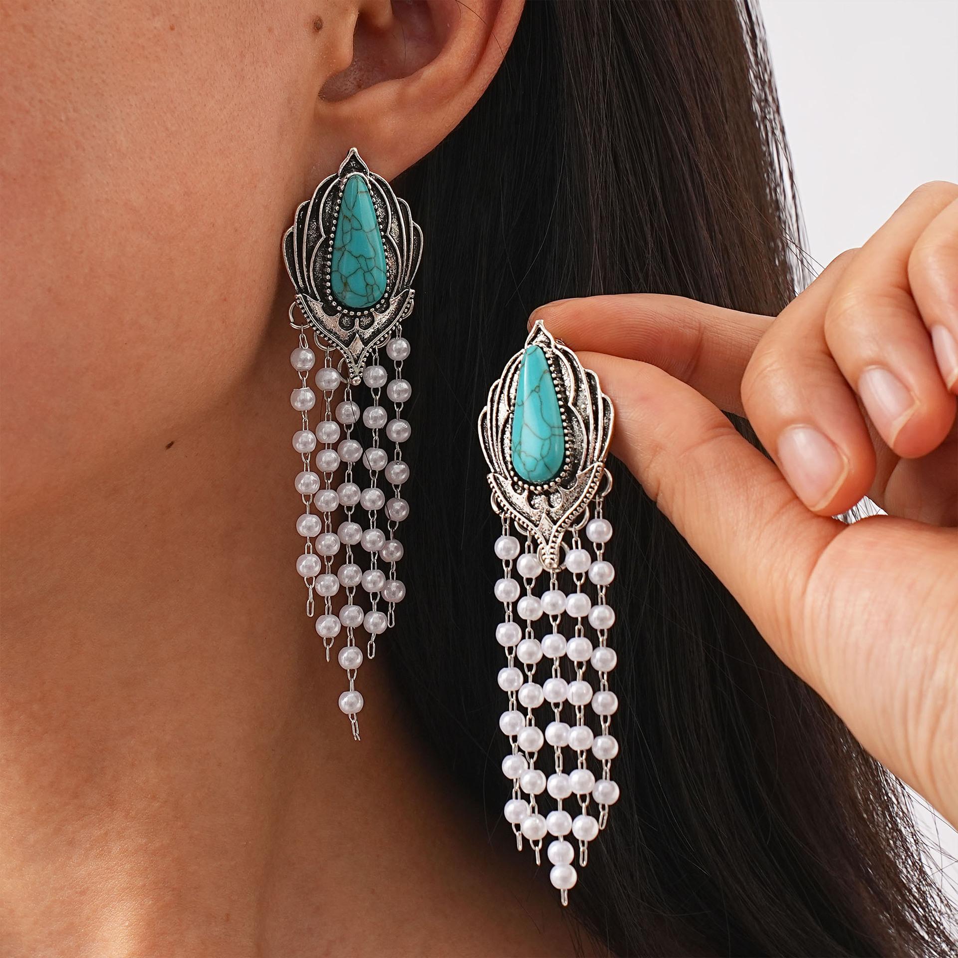 Personalized Earrings, Vintage Fashion Turquoise Long Fringed Pearl Stud Earrings
Personalized Earrings, Vintage Fashion Turquoise Long Fringed Pearl Stud Earrings