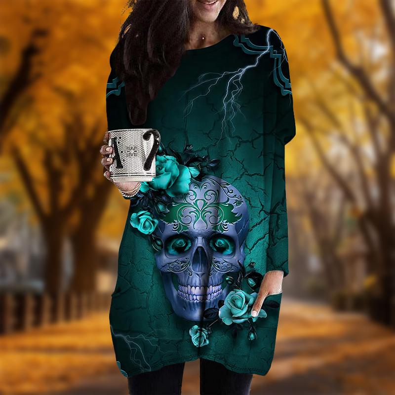 Новинка осени с принтом черепа и молнии большого размера женское платье с круглым вырезом и длинными рукавами повседневные платья с карманами 7XL светло-синий