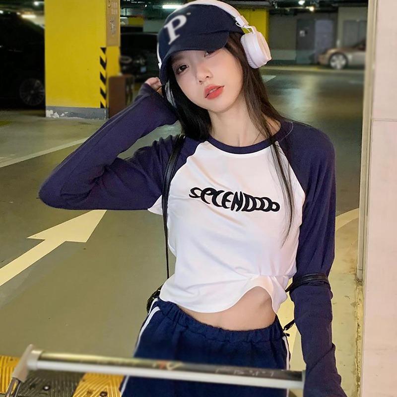 Женская футболка в стиле пэчворк с буквенным принтом, повседневная укороченная футболка с длинным рукавом, топы, узкая базовая уличная одежда One Size