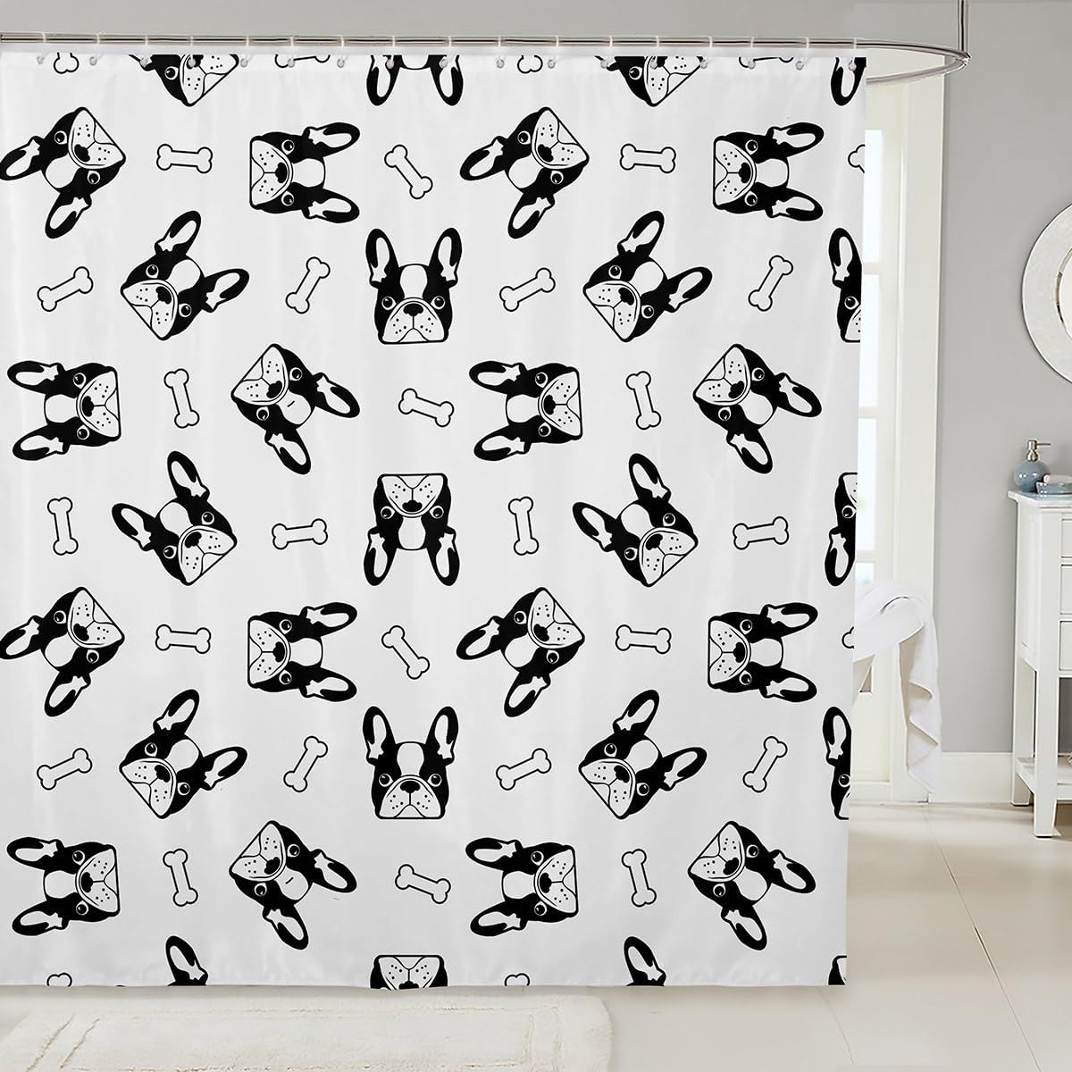 French Bulldog Face Shower Curtain Black White Dog Bone Pattern Pet Decor Linen180X210 W60H190(CM)-1 Pcs
French Bulldog Face Shower Curtain Black White Dog Bone Pattern Pet Decor Linen180X210 W60H190(CM)-1 Pcs