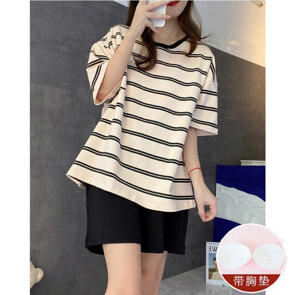 Women Summer Two Pieces Sets Pajamas O-neck Short Sleeve Shorts Pant Homewear With Chest Pad Thin Loose Striped Big Size Cute 6XL
Women Summer Two Pieces Sets Pajamas O-neck Short Sleeve Shorts Pant Homewear With Chest Pad Thin Loose Striped Big Size Cute 6XL