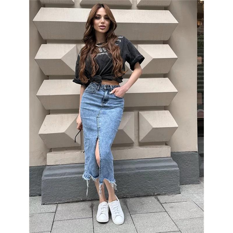 Джинсовая юбка миди с разрезом, летняя женская повседневная и простая 52 очистить синий