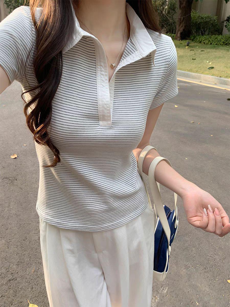 2025 Новая женская полосатая хлопковая футболка-поло в гонконгском стиле - Короткий рукав, Весенне-летняя мода, Дизайн, омолаживающий Small
2025 Новая женская полосатая хлопковая футболка-поло в гонконгском стиле - Короткий рукав, Весенне-летняя мода, Дизайн, омолаживающий Small