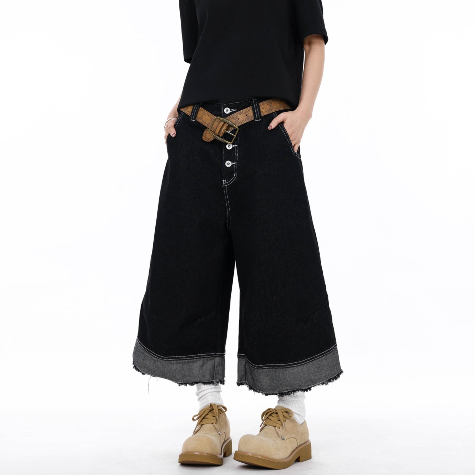 American Retro Black Multi-Pocket Frayed Denim Capris: Unisex Loose Wide-Leg Casual Pants M
American Retro Black Multi-Pocket Frayed Denim Capris: Unisex Loose Wide-Leg Casual Pants M