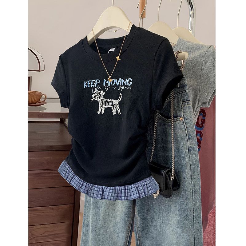 Fat Sister Plus size Korean Series Cartoon Small-Sized Patchwork Plaid Shoulder Short sleeve T-shirt Women Summer Slimming Waist Hugging Top Black M
Fat Sister Plus size Korean Series Cartoon Small-Sized Patchwork Plaid Shoulder Short sleeve T-shirt Women Summer Slimming Waist Hugging Top Black M