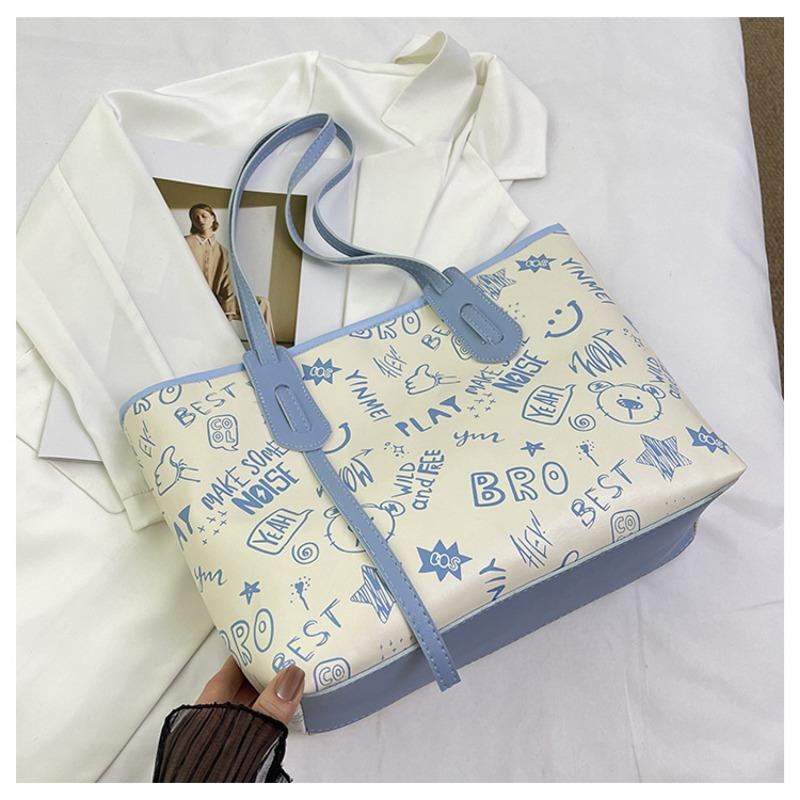 Контрастный цвет большая сумка женская весна лето новая милая мультяшная с принтом на плечо универсальная модная сумка-тоут синий