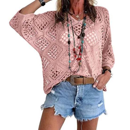 Women Tops V-Neck Three-quarter Sleeves Loose Fit Knitted Tops Pure Color Hollow Design Summer Casual Blouse L світло-рожевий колір
Women Tops V-Neck Three-quarter Sleeves Loose Fit Knitted Tops Pure Color Hollow Design Summer Casual Blouse L світло-рожевий колір