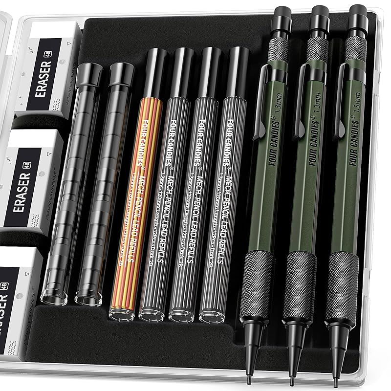 Four Candies 1.3mm mechanical pencil set of 3 With case metal sturdy carpenter pencil 48 shear cores (red, black, yellow) 3 erasers, 12 eraser
Four Candies 1.3mm mechanical pencil set of 3 With case metal sturdy carpenter pencil 48 shear cores (red, black, yellow) 3 erasers, 12 eraser