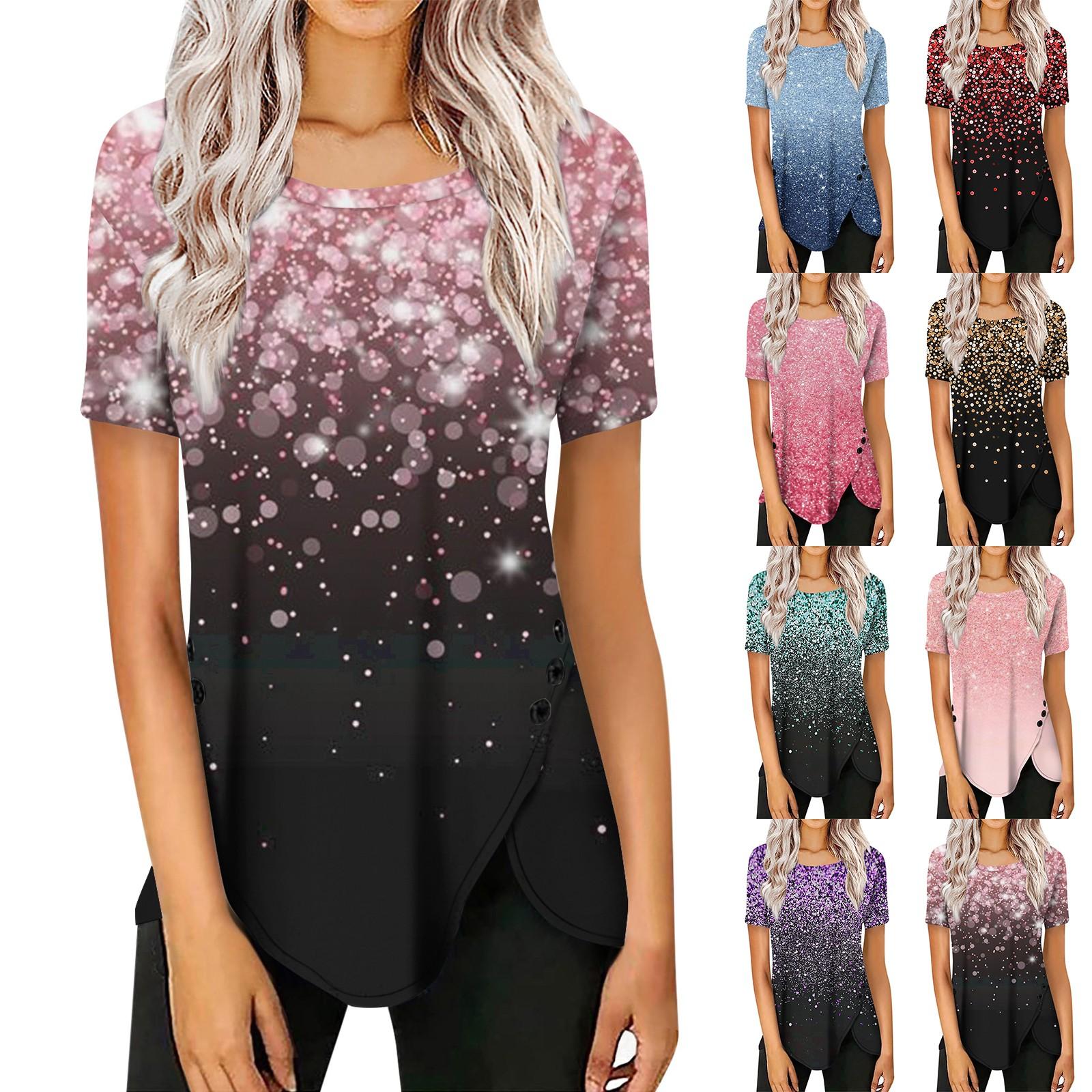 Женский модный повседневный топ с короткими рукавами и круглым вырезом на боковой пуговице с блестками и принтом
Женский модный повседневный топ с короткими рукавами и круглым вырезом на боковой пуговице с блестками и принтом