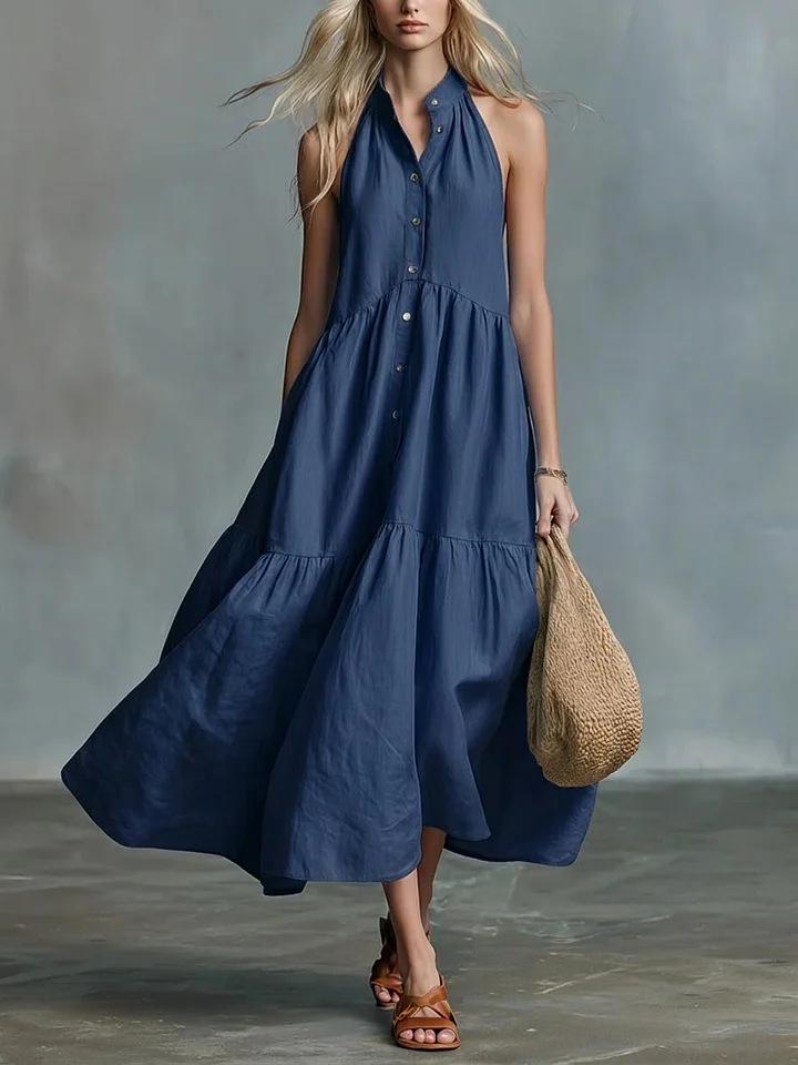 Blue Halter Neck Sleeveless Maxi Dress with Metal Buttons and Tiered Hem XXXL Темно-синій
Blue Halter Neck Sleeveless Maxi Dress with Metal Buttons and Tiered Hem XXXL Темно-синій